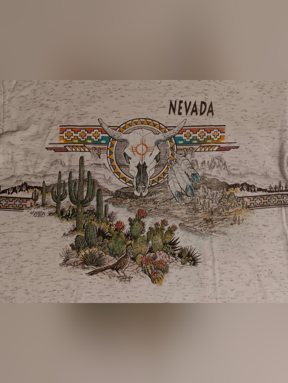 Vintage single stitch Nevada t-shirt Large Sansegal AOP Skull Roadrunner